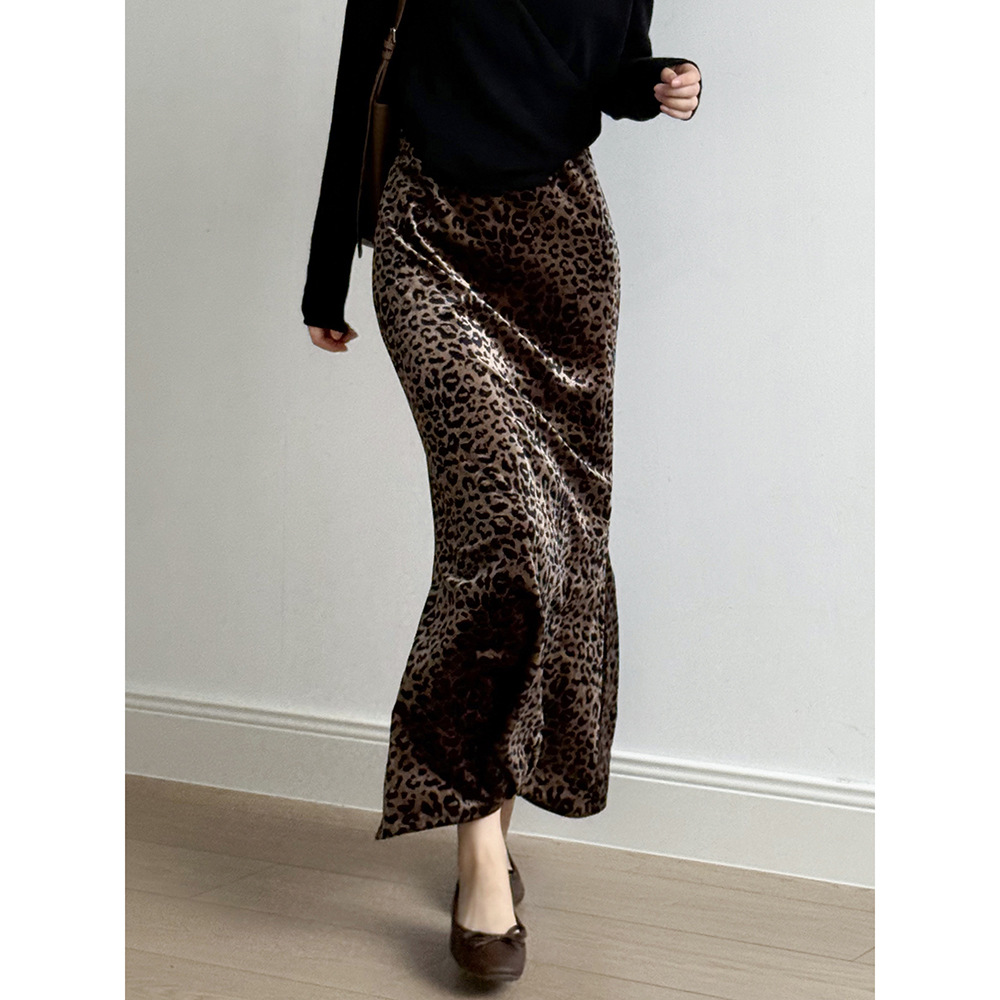 言双 复古豹纹丝绒半身裙女 秋季高腰显瘦包臀A字裙子长裙82655