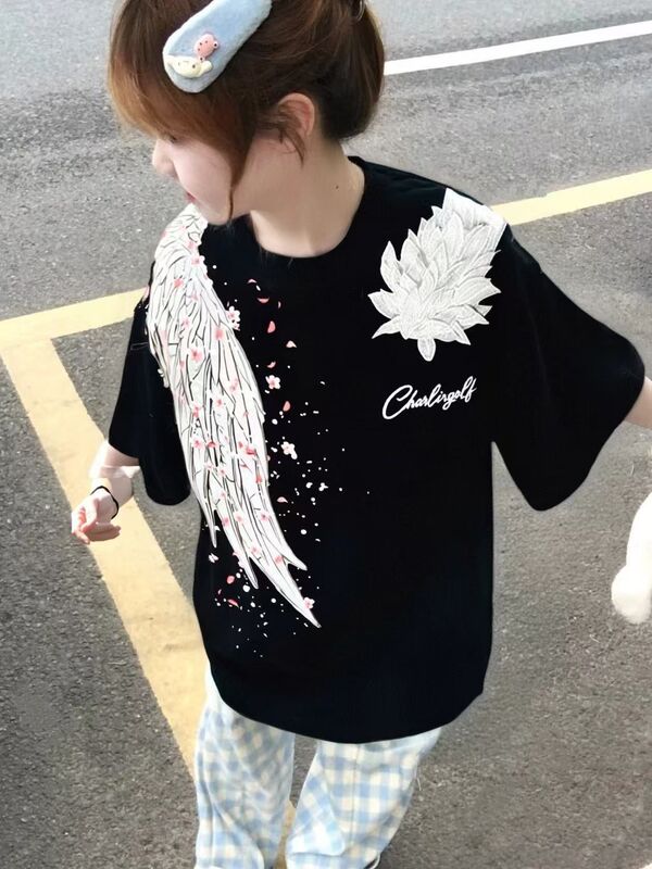 黎組主アメリカ復古高街立体レリーフ刺繍羽羽純綿丸襟潮牌半袖tシャツ女|undefined