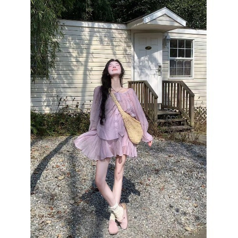 優しい甘い女の子スーツ長袖ラウンドネック紫シャツ婦人服春ハイウエストスカートツーピーススーツ|undefined