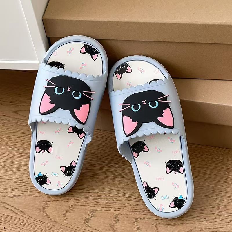 甜酷小黑猫新款女士休闲一字拖鞋个性凉拖鞋网红夏季舒适软底拖鞋|undefined