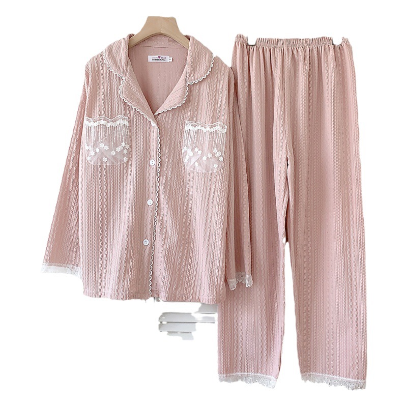 Estilo Chanel Sucio rosa pijamas de las mujeres jacquard algodón solapa cardigan manga larga otoño y el invierno dulce niña casual desgaste del hogar traje