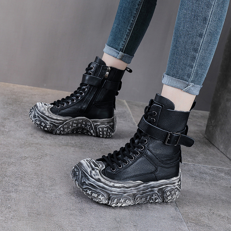 头层牛皮厚底马丁单靴女秋冬季新款松糕跟加棉短靴女高帮休闲老爹