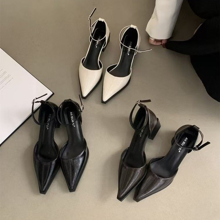 Design Sense Niche Fashion Mary Jane Women's High Heel Shoes silver Baotou Shoes Summer French Black Cool Shoes
