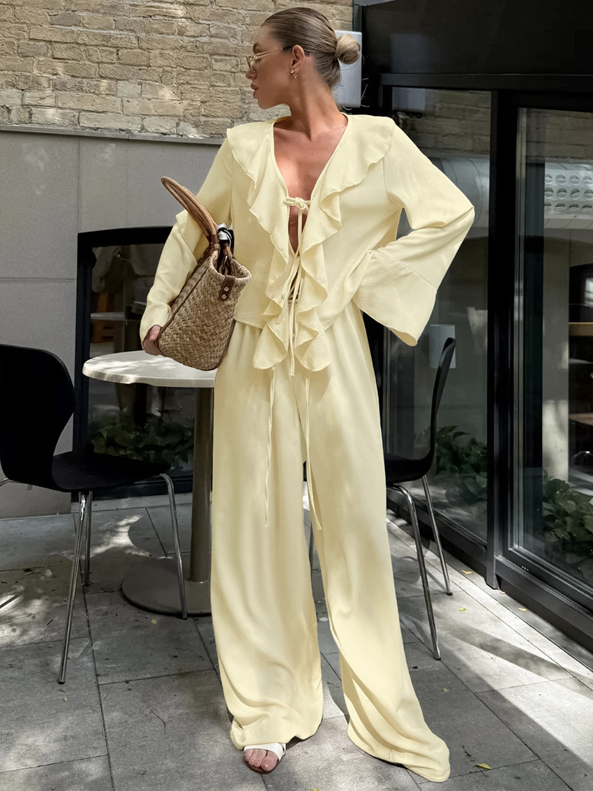 Stylish Autumn New V-Neck Ruffled Long-Sleeve Shirt and High-Waisted Wide-Leg Pants Two-Piece Set 2026 Fashion European and American Style