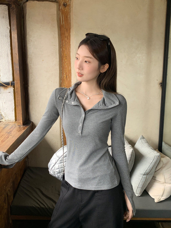 花灰翻领设计感纽扣针织长袖T恤女2025秋季新款修身显瘦正肩上衣|undefined