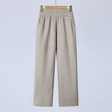 秋冬桑蚕丝羊绒阔腿毛呢直筒裤中老年女春季松紧腰休闲裤长裤宽松