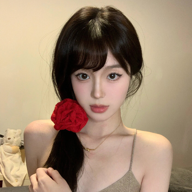 Romántico y cálido ~ Flor roja, lazo para el cabello del intestino grueso, sentido de alto nivel femenino, cuerda para el cabello de año nuevo, cuerda para el cabello, accesorios para el cabello del mismo estilo de celebridades de Internet