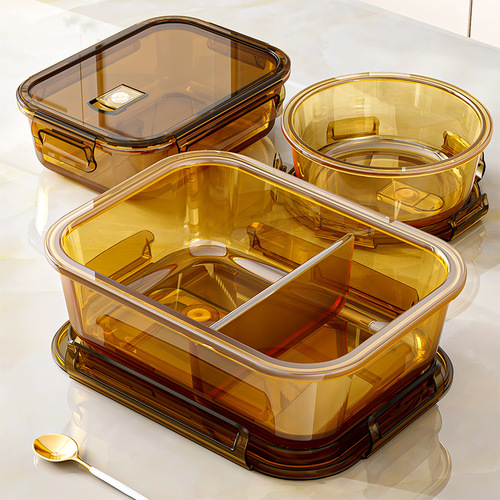 High-borosilicate glass lunch box—microwave-safe, perfect for office workers who bring their own meals; includes airtight storage containers, bowls, and divided compartments for convenient bento-style packing.