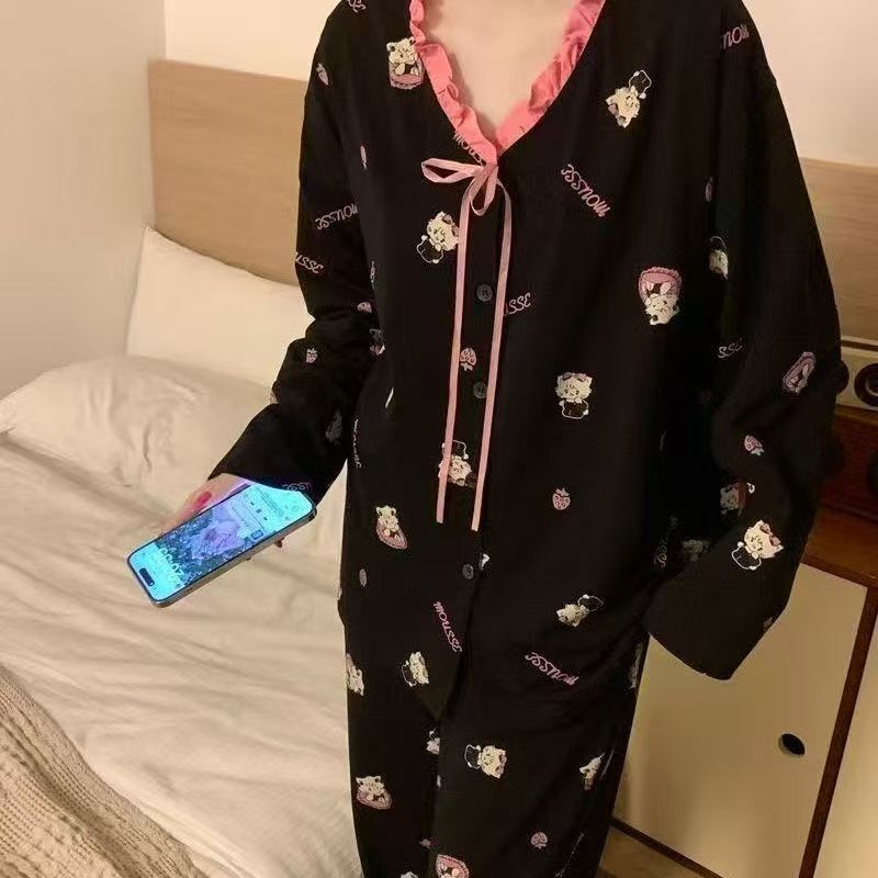 Autumn Internet Celebrity Ins Style Lace Lace Round Neck Cardigan Home Wear Girl Pajamas Long-Sleeved Suit Autumn Internet Celebrity Ins Style Lace Lace Round Neck Cardigan Home Wear Girl Pajamas Long-Sleeved Suit
