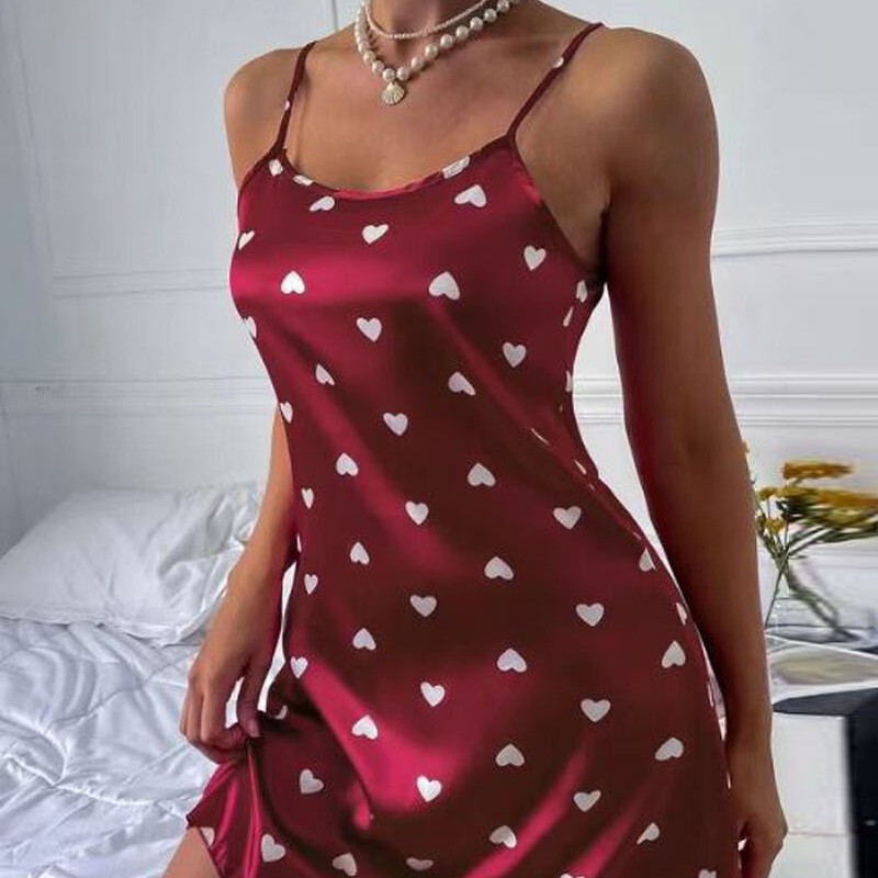 European and American Sling Nightgown Women's Summer Sexy Silk Pajamas Printed Ice Silk Hot Spicy Home Clothes Large Size