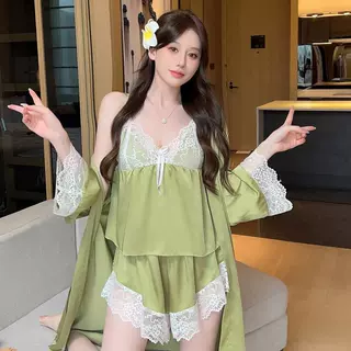 新款女性感风睡衣三件套装带胸垫吊带短裤套装冰丝绸缎面蕾丝纯欲