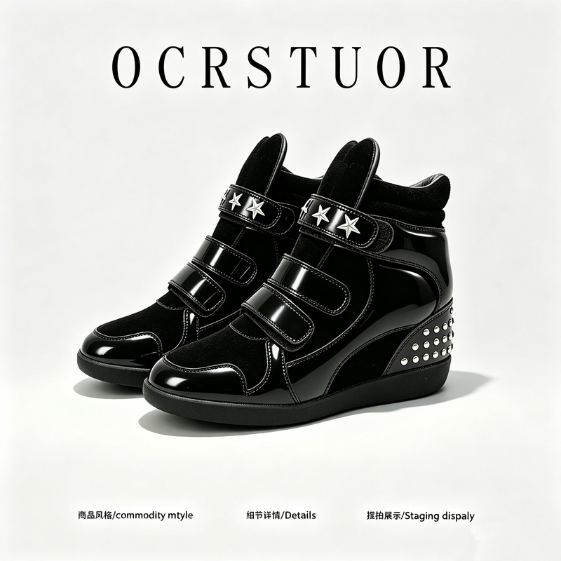 Exclusively for Overseas Markets, Black/Suede Patent Leather Retro Studded Trendy Casual Thick-Soled Height-Increasing Wedge Sports Sneakers Exclusively for Overseas Markets, Black/Suede Patent Leather Retro Studded Trendy Casual Thick-Soled Height-Increasing Wedge Sports Sneakers
