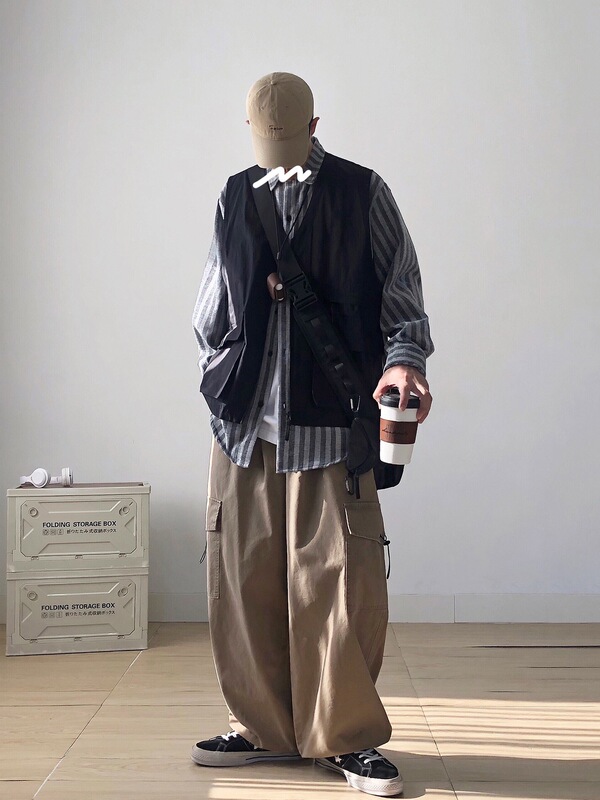 Spring and Autumn Japanese Retro Striped Fake Two-Piece Vest Work Shirt Splicing Men's Long-Sleeved Loose Trendy Brand Handsome Jacket