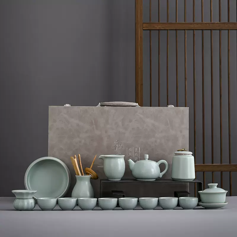 汝窑茶具套装15头整套功夫汝瓷开片可养茶壶茶洗茶叶罐复古茶杯