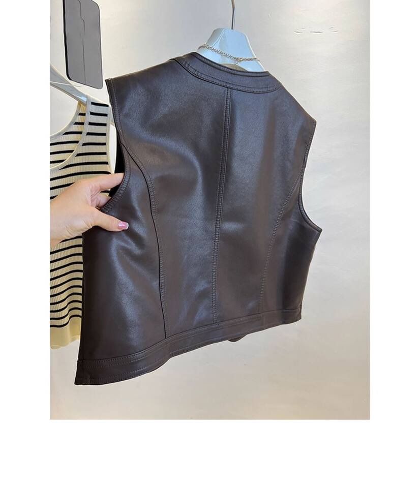 Áo vest nữ da PU phong cách retro Pháp, dáng không tay, một hàng khuy, dài 50–65 cm — Màu nâu, màu đen chi tiết 3