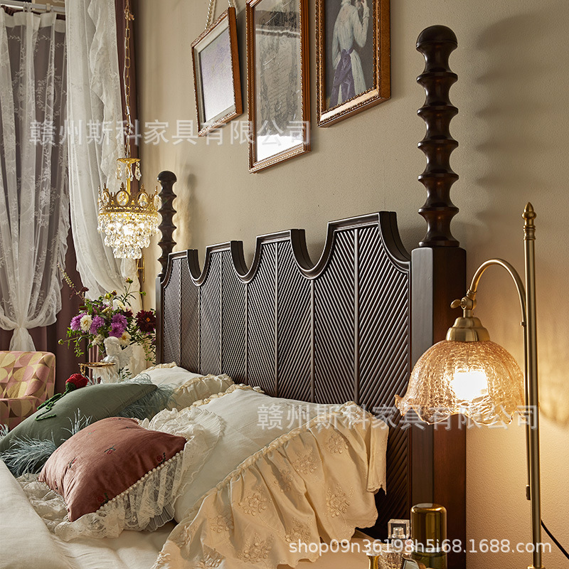 American solid wood bed Amy bed French carved bed screen master bedroom double bed light retro simple wedding bed