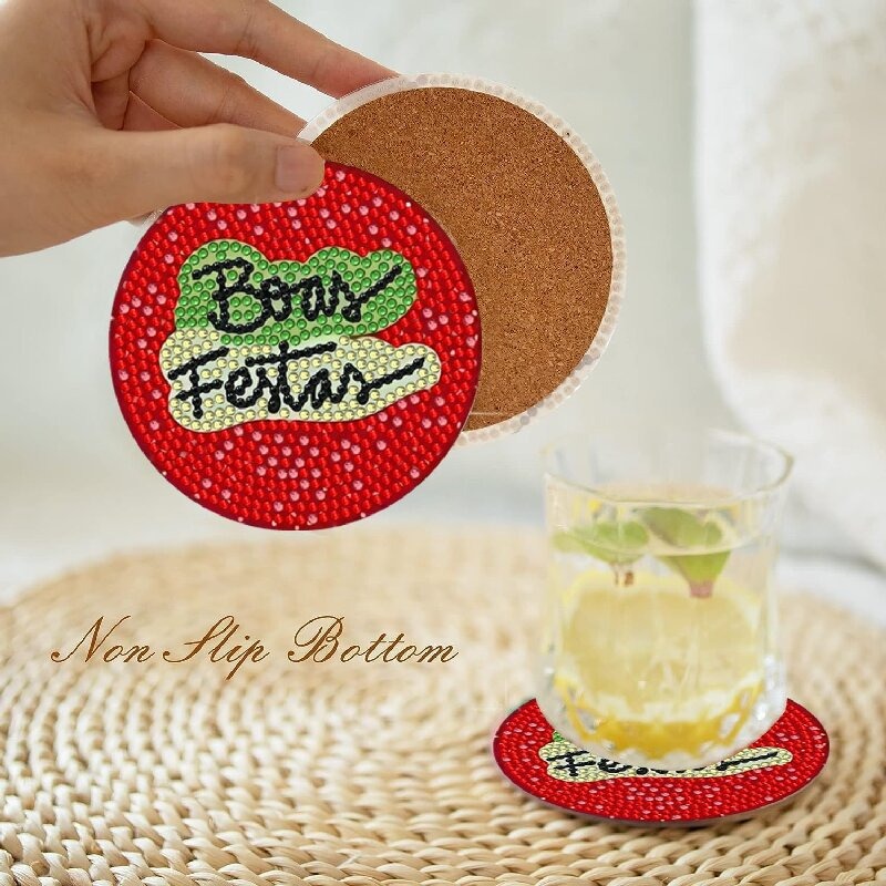 Diamante de dibujos animados almohadillas de taza letras rojas textura de madera hecha a mano puntos de perforación aislamiento térmico antideslizante diamante juguetes de pegatinas