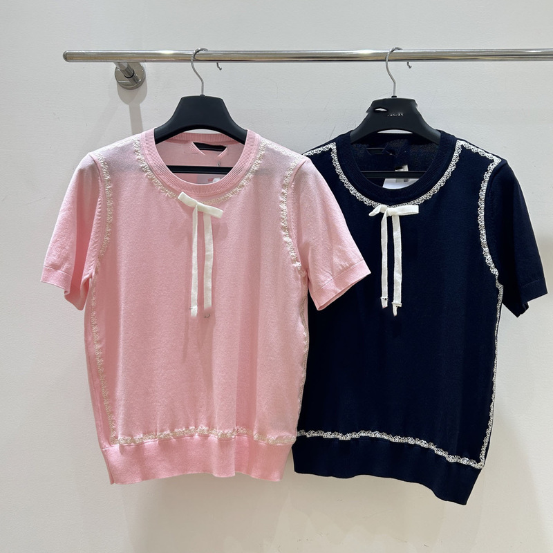 Nanyou Correct High-End Version Cd Brand 26 Spring/Summer New Lace Trim Round Neck Knit Short-Sleeve Top Women's Clothing