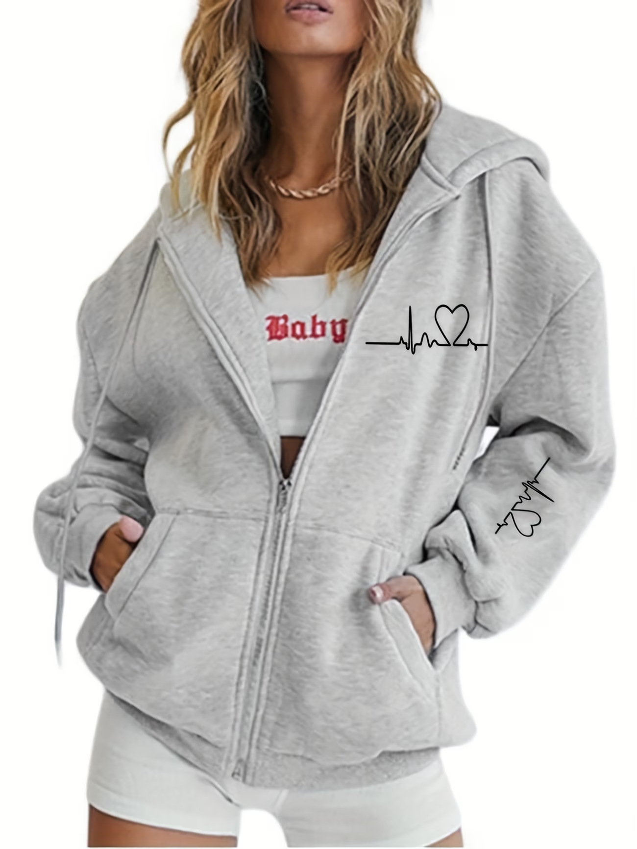Women's Heart Print Loose Casual Hooded Sweatshirt Long Sleeved Zip Up Design European American Style Print_ecoleips.com
