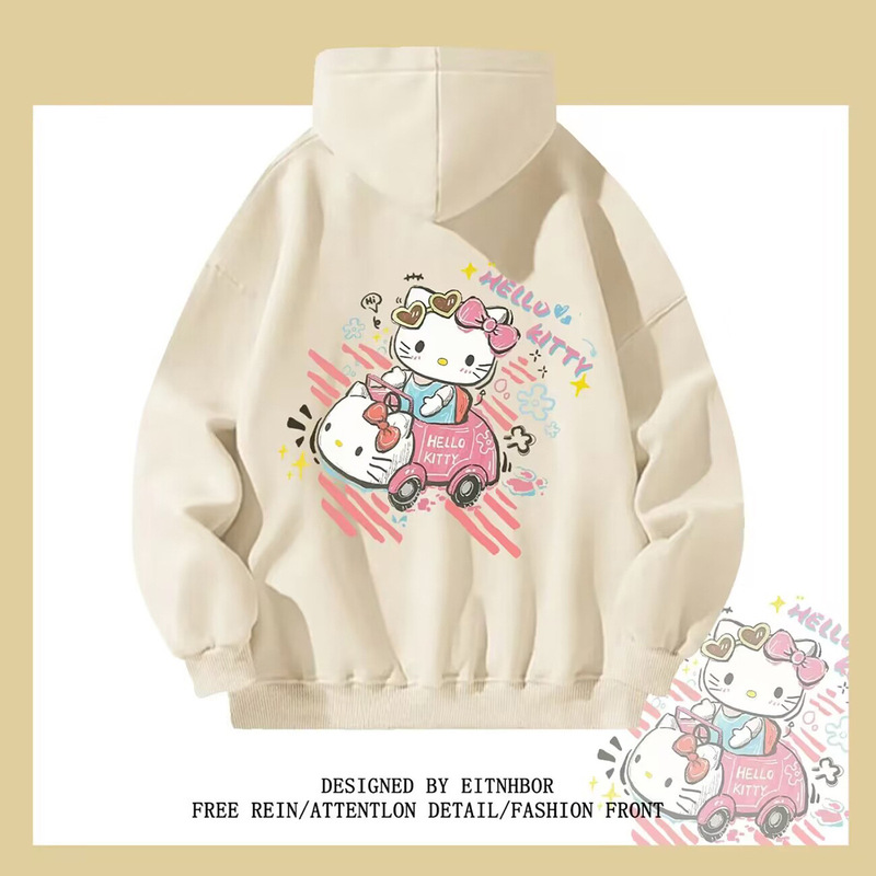 American niche fun graffiti cartoon hello kitty hooded sweater women's autumn and winter loose slimming coat