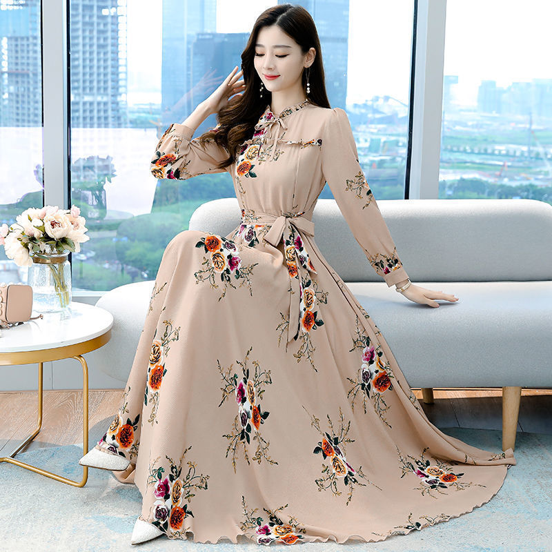 Elegant Dress Goddess Style 2023 New Spring and Autumn Large Size Tight Waist Slimming Long Sleeve Large Swing Floral Fairy Dress