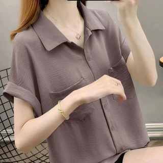 2022新款潮宽松遮肚洋气上档次雪纺衬衣上衣女夏季薄款衬衫短袖女