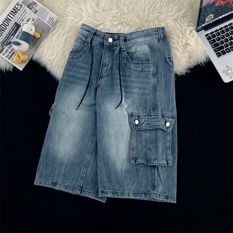 Summer Men's Plus Size Capri Jeans Loose Wide Leg Hip Hop Cargo Shorts Multi Pocket Chubby Pants_mkmklike.com