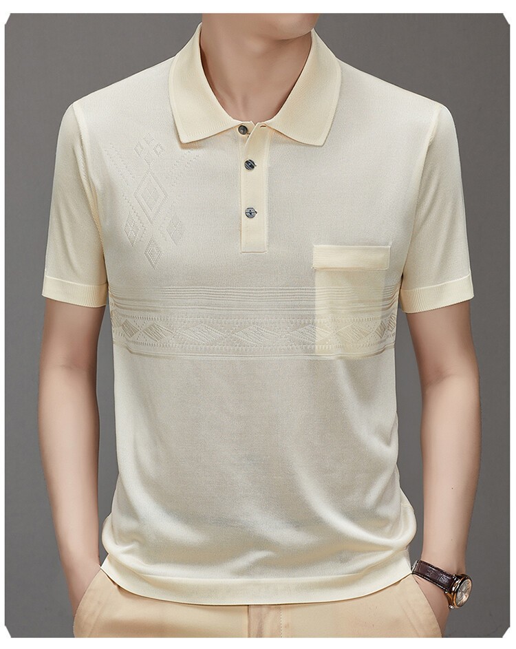 Verano nuevo estilo suéter de color sólido suelta camisa de papá de mediana edad delgada manga corta casual hombres solapa camiseta polo