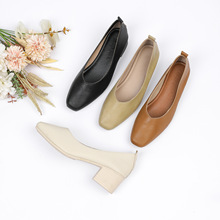 新款法式牛皮单鞋女中跟方头浅口软底简约通勤鞋休闲气质妈妈鞋子