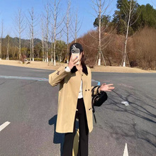 卡其色韩版中长款风衣外套女2025春秋新款拼色宽松显瘦双排扣大衣