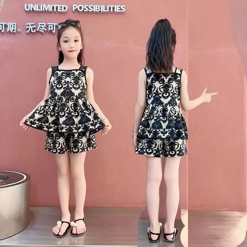 Traje de honda para niñas 2025 verano nuevo estilo para niños estilo occidental falda floral moda sin mangas ropa fina para niños al por mayor