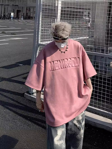 Pink Suede Short-Sleeve T-Shirt for Men - Summer American Heavyweight Steel Printing Oversize Loose Casual Half-Sleeve T-Shirt