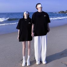 情侣短袖2025新款夏装情侣装t恤夏季小众黑色宽松棉半袖上衣服