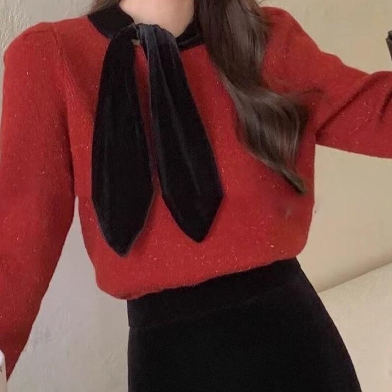 Retro Color-Block Bow Tie Sweater for Women, New Autumn/Winter Loose Fit, Soft and Stylish Slimming Knit Top