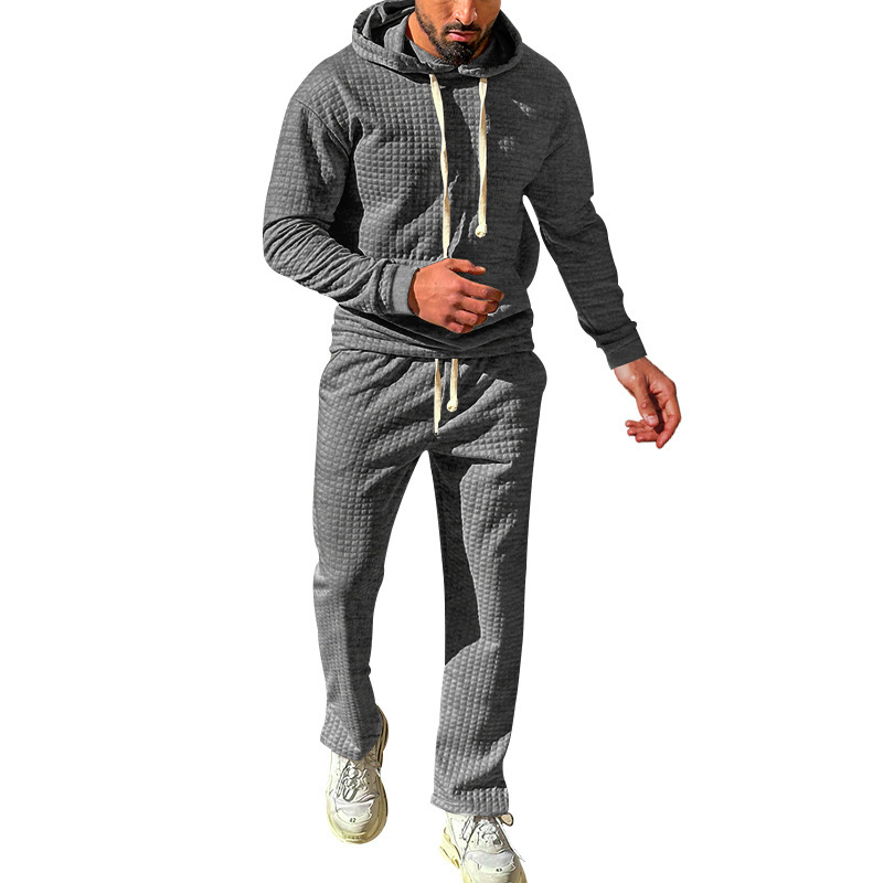 Independent autumn and winter men's jacquard small grid hooded sweatshirt, long pants, casual sports suit_voghion.com