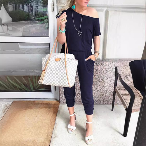 Hot-selling new products, 6-color spring and summer fashionable slanting shoulder short-sleeved pocket women's jumpsuit