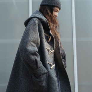 Spot N*Thing Writt*N Japanese Style Horn Button Wool Coat Women's Autumn and Winter New Hooded Mid-Length