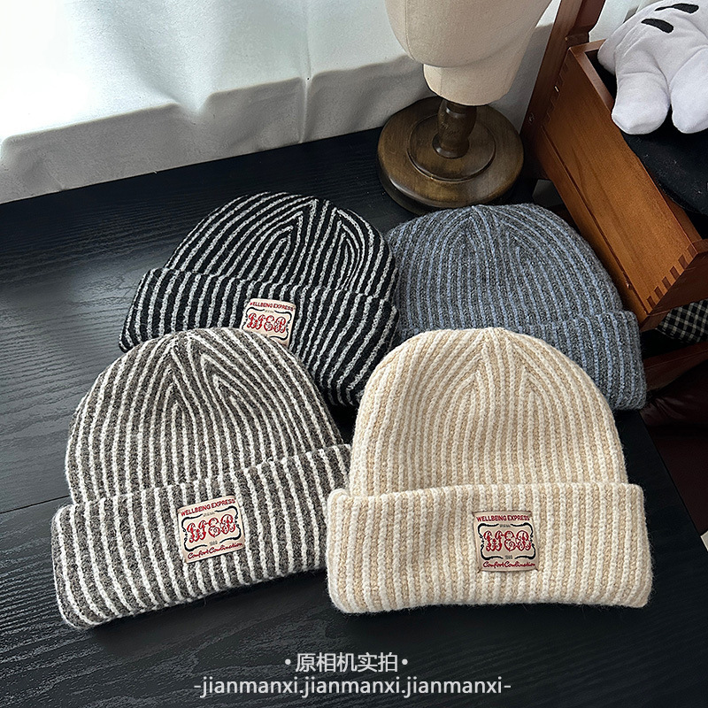 韩系ins风简约时尚百搭字母贴布毛绒帽休闲基础包头护耳保暖冷帽|undefined