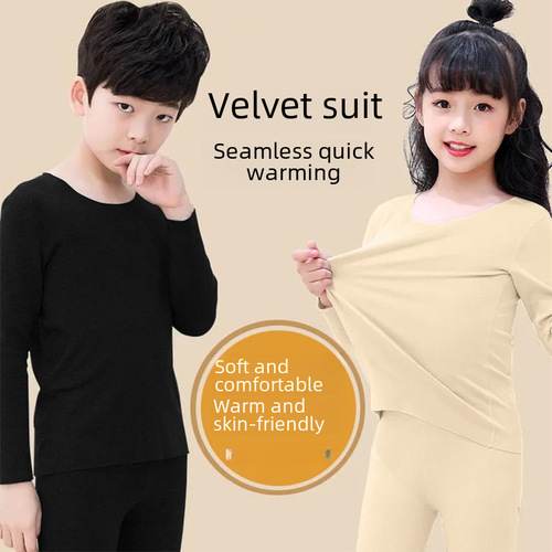 New children's plush warm indoor set for boys and girls, seamless home wear, autumn clothes and pants for babies and toddlers