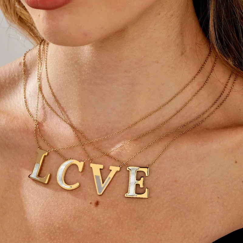 Golden necklace with letters stainless steel, stone inlay, brand fashionable universal pendant, chain for key bag , European style, DIY
