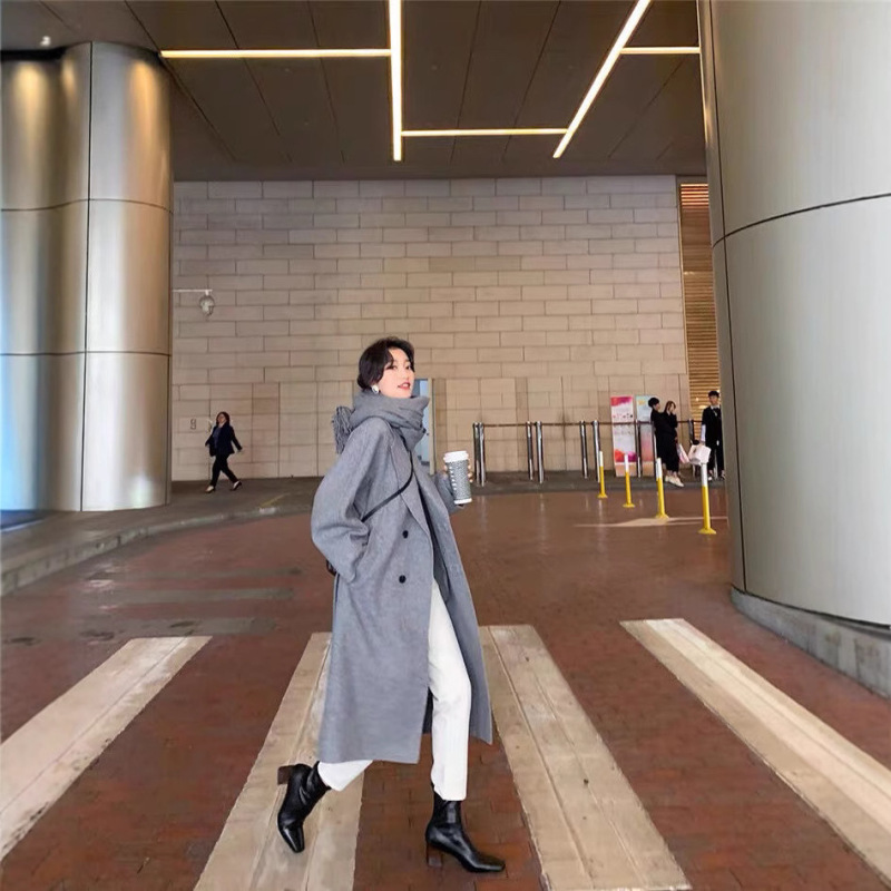 （350龙凤呢）秋冬新款经典双排扣毛呢外套中长款呢子大衣女|undefined
