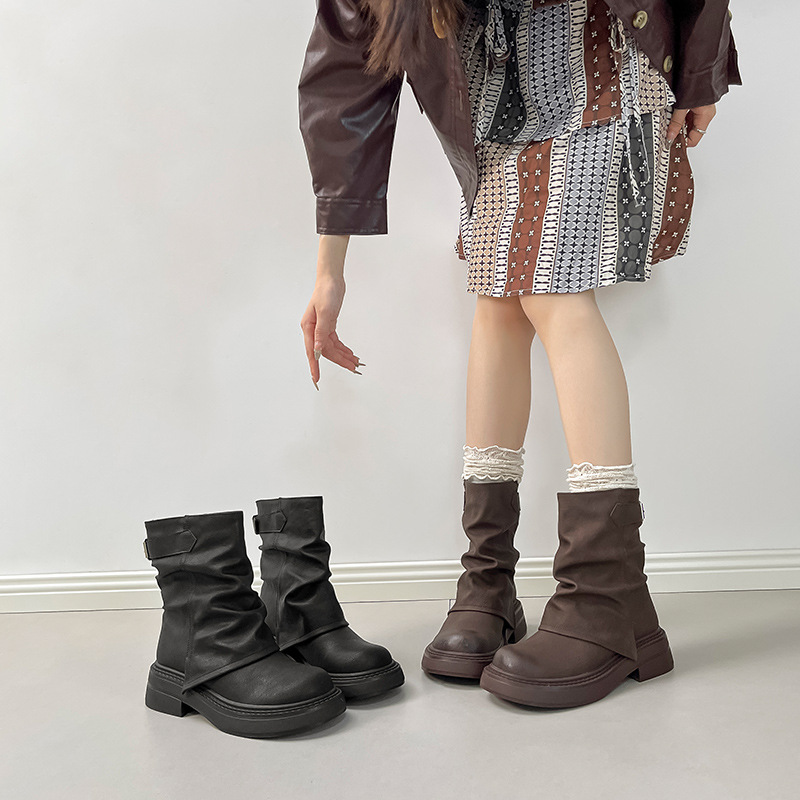 British Style Thick-Soled Boots for Women 2025 Autumn and Winter New Style Pile Boots Round Toe Thick Heel Trouser Boots Short Boots for Women