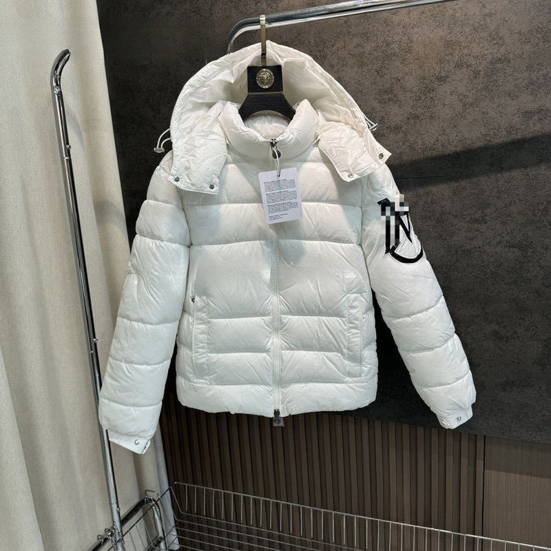 White and black, same style, in stock, warm winter men's hooded lettered down jacket, fashionable shiny outerwear, waterproof