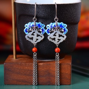 Handmade 925 Silver Cloisonne Bat Tassel Long Earrings Women's Classical Ethnic Style Hetian Yufu Earrings