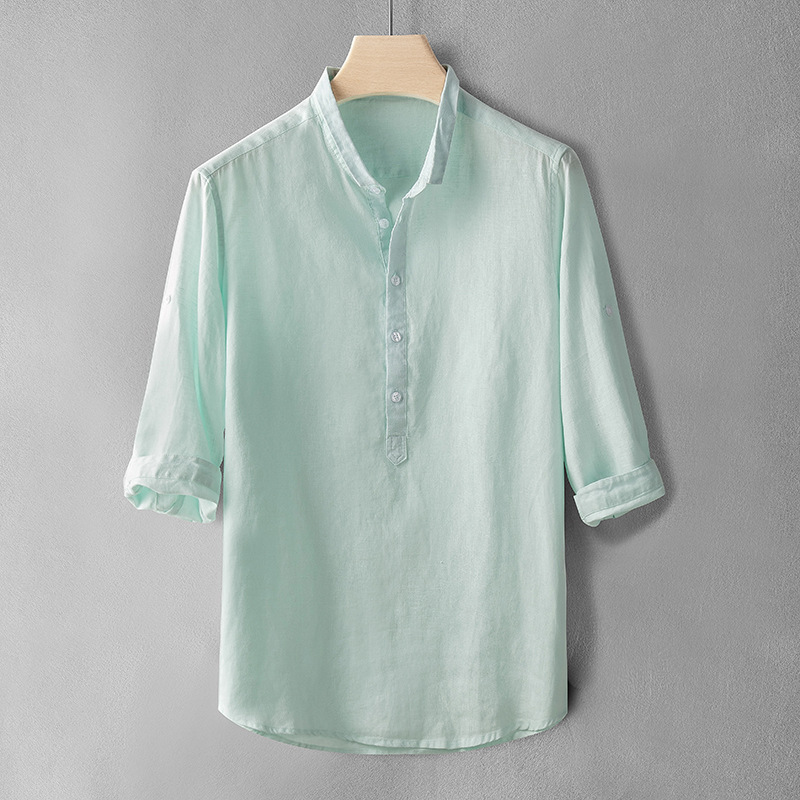 Men's Korean Style Fashionable Linen Cropped Sleeve Shirt Simple Style Short Sleeve Shirt Mid Sleeve Cotton Linen Shirt Loose plus size Top