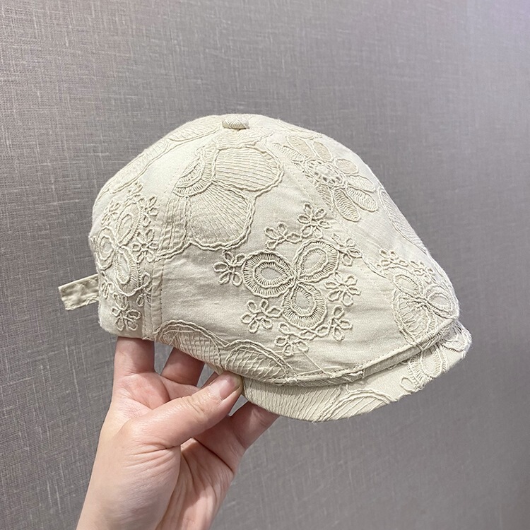 薄い刺繍入りフラワーフロントハット女性用春と夏の新しいレトロな多用途の小さなアヒルの舌ベレー帽通気性|undefined