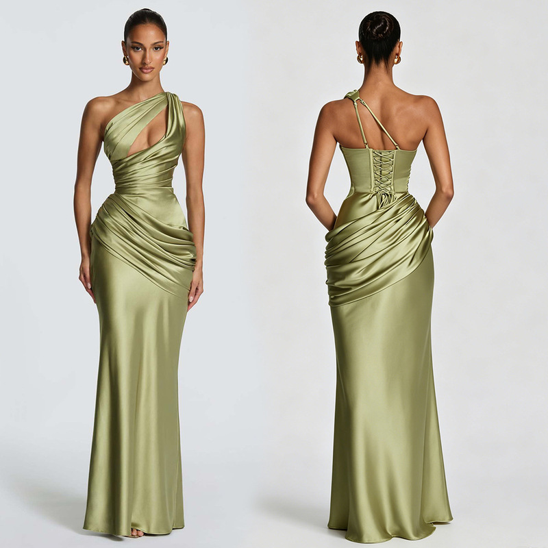 European and American 2026 Wholesale Satin One-Shoulder Hollow-Out Long Gown Asymmetrical Pleated Waist Mermaid Draped Long Dress European and American 2026 Wholesale Satin One-Shoulder Hollow-Out Long Gown Asymmetrical Pleated Waist Mermaid Draped Long Dress