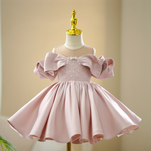 One-year-old Dress Women's Children's Wedding Dress Girls' Princess Dress Pink Off-shoulder Pompous Dress Host Piano Performance Dress
