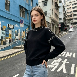 欧美跨境女装短款酷辣铆钉针织衫秋冬百搭套头毛衣厂家批发女上衣