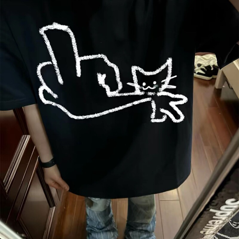 2026300g Heavyweight Xinjiang Cotton American High Street Hip-Hop Middle Finger Cat Print Loose Short-Sleeve T-Shirt for Men Trendy